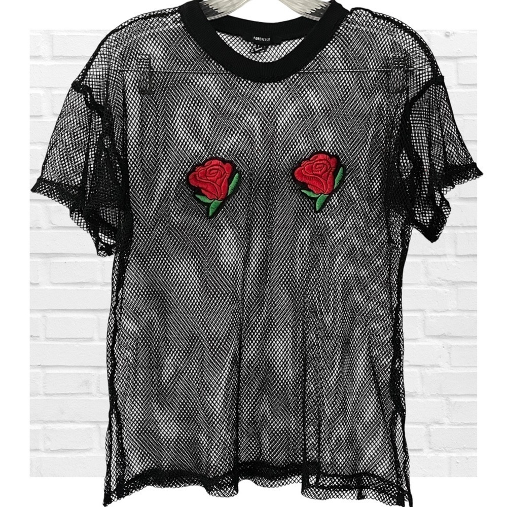 Forever 21 Y2K Black Mesh Tee Shirt Sheer Goth Grunge Indie Sleaze Streetwear